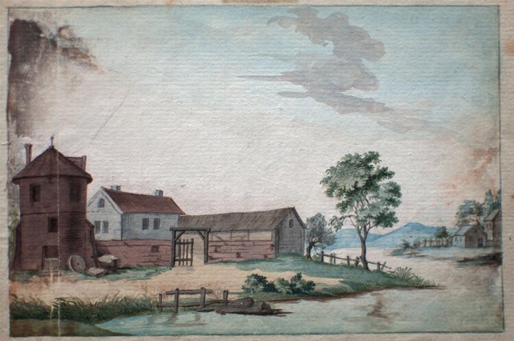 unbekannt - Flußlandschaft mit Gehöften - o.J. - Gouache